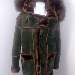 Jordan Craig Dark Green Shearling Jacket with Rich Brown Trim